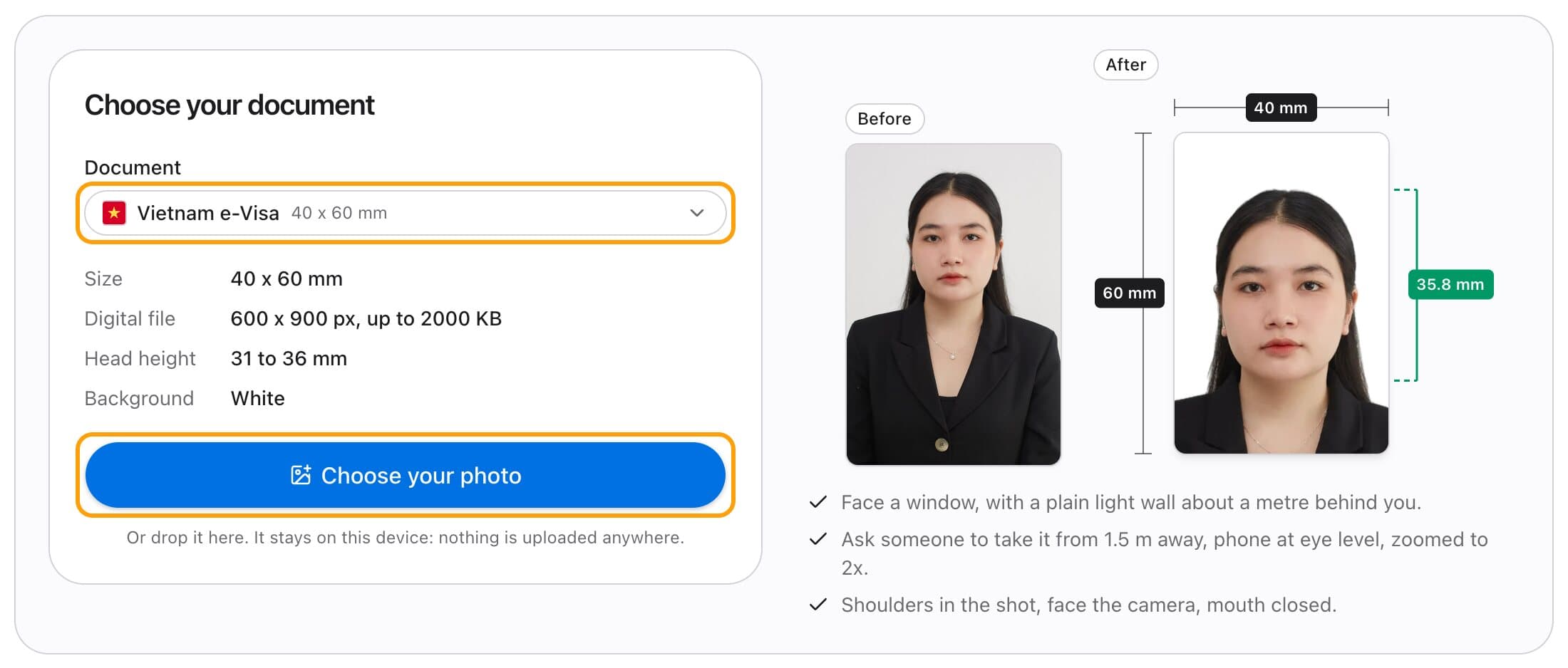 Choosing the Vietnam e-Visa document, with its size, head height and background listed and the Choose your photo button highlighted.