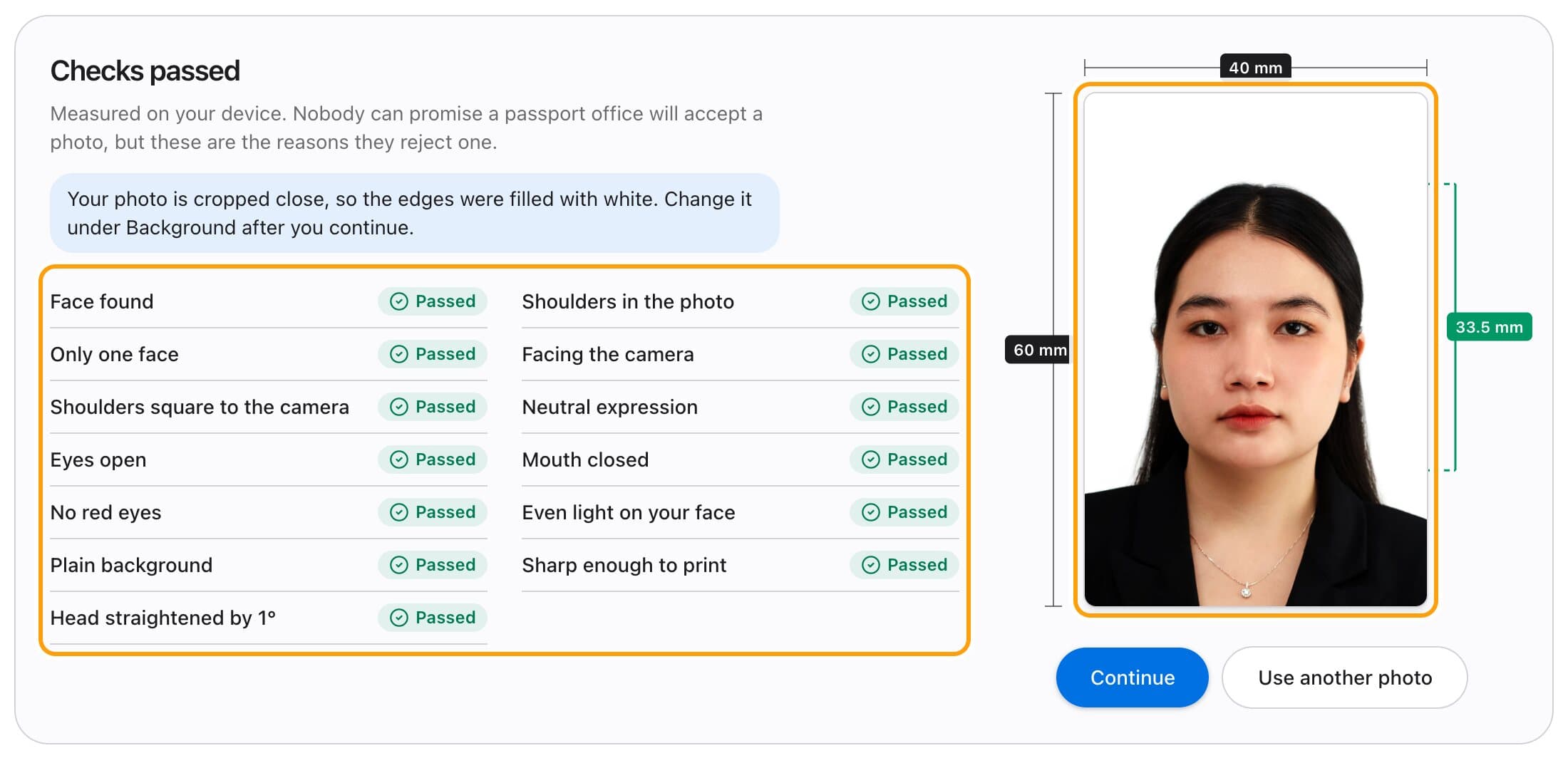 The checks screen for a Vietnam e-Visa photo, with each check passed and the photo measured in millimetres.