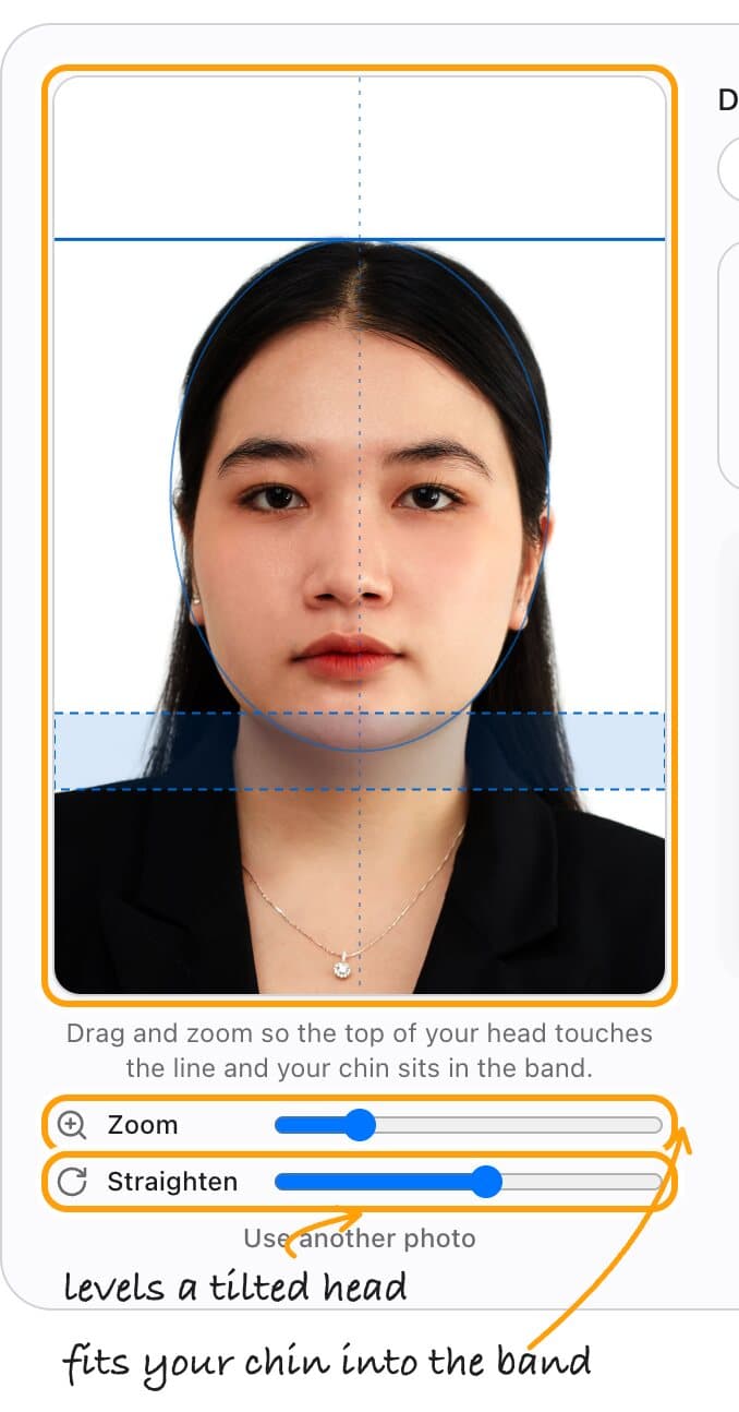 The 40 x 60 mm Vietnam e-Visa frame with its guides, and the Zoom and Straighten sliders highlighted.