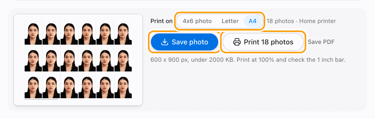 The Save photo and Print buttons highlighted, with the paper choices above them.