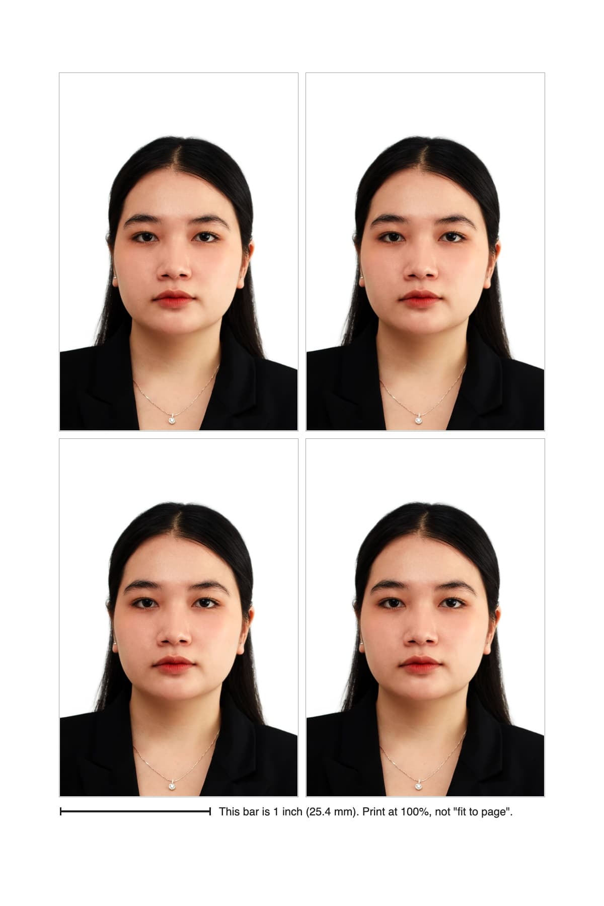 A 4x6 inch print sheet with 4 Vietnam e-Visa photos, cut marks and a 1 inch check bar.
