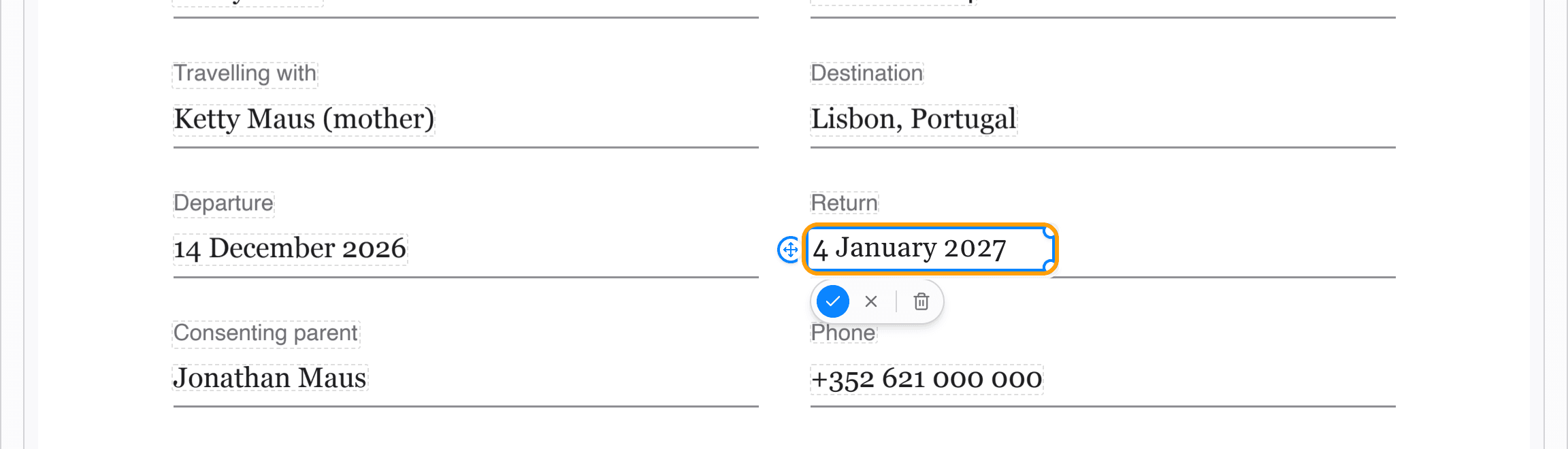 A travel consent letter with the return date being retyped as 4 January 2027, highlighted.