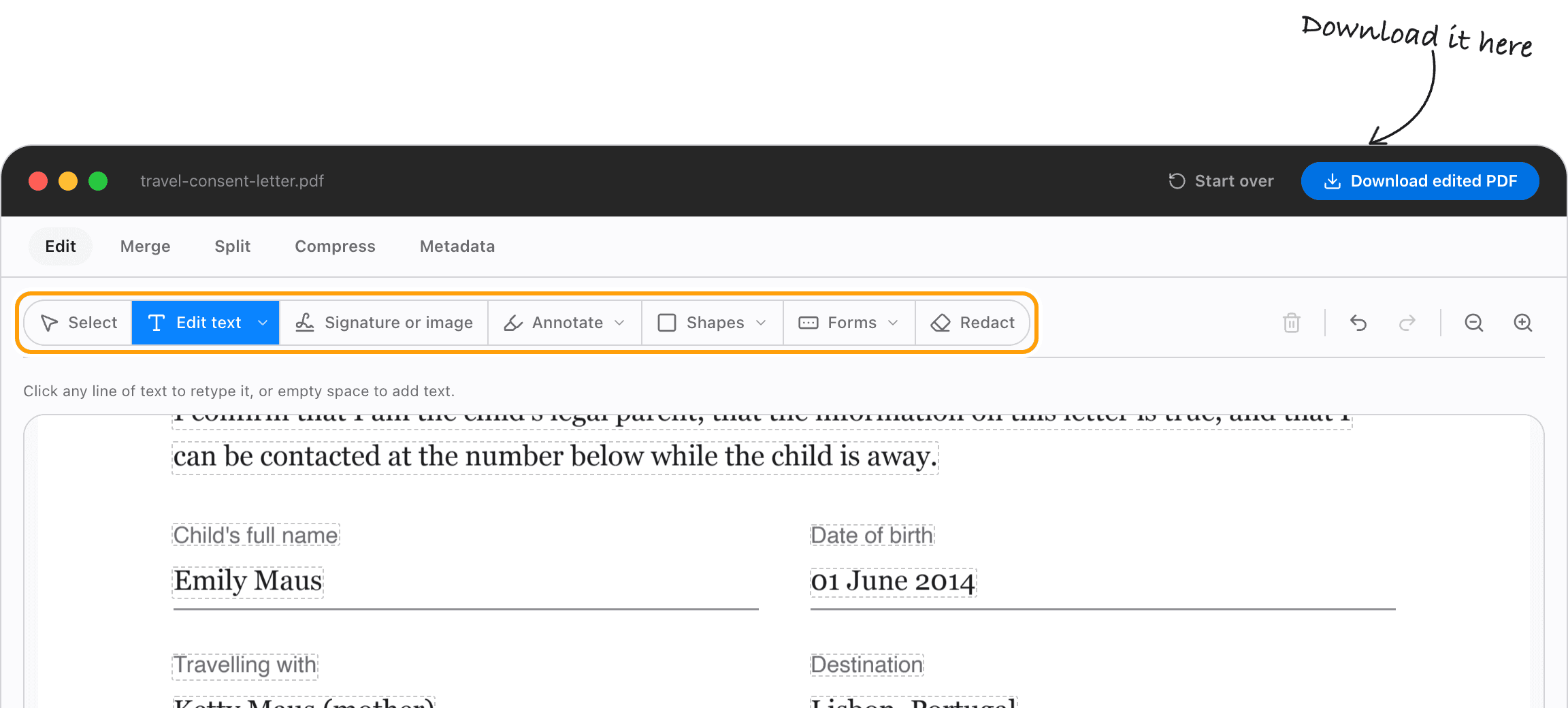 The editor toolbar with Select, Edit text, Signature or image, Annotate, Shapes, Forms and Redact, highlighted.