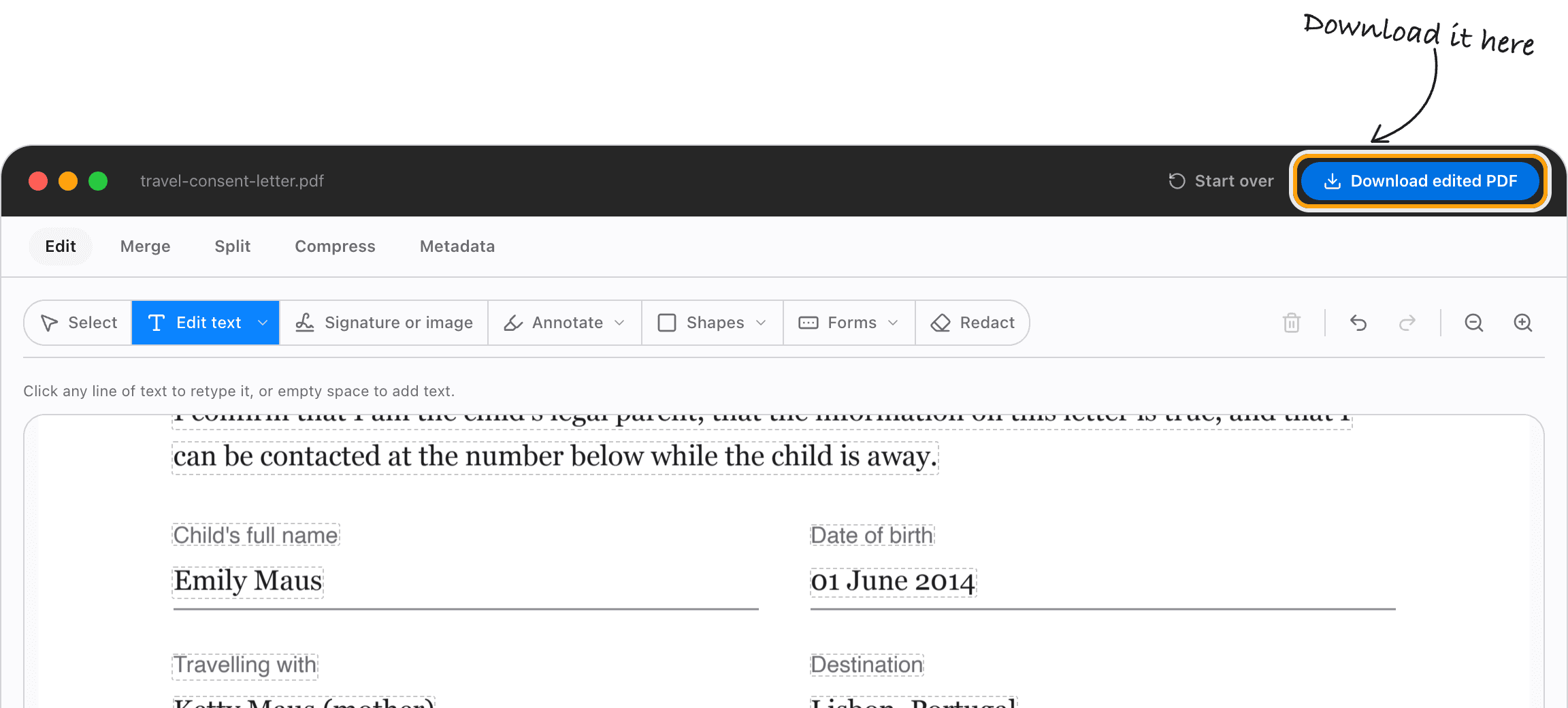The editor's Download edited PDF button, highlighted, above the edited letter.