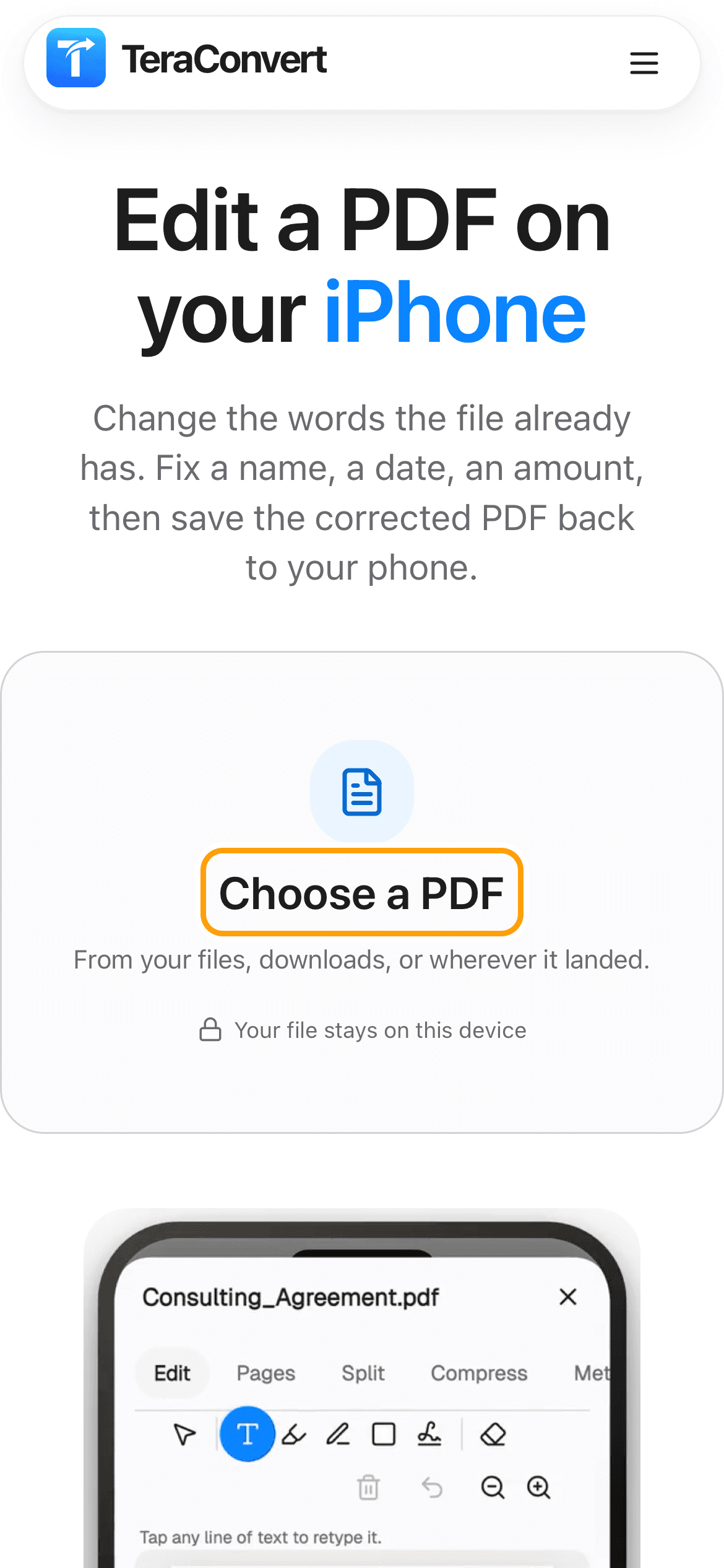The PDF editor page on an iPhone, with the Choose a PDF button highlighted.