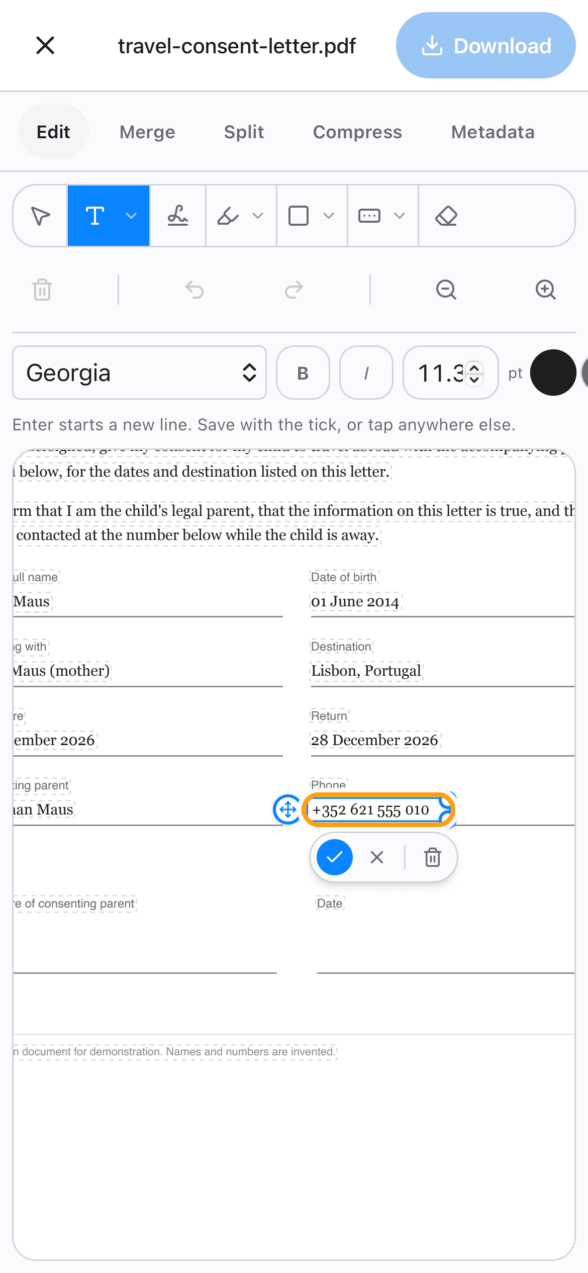 A travel consent letter on an iPhone with the phone number being retyped, highlighted.
