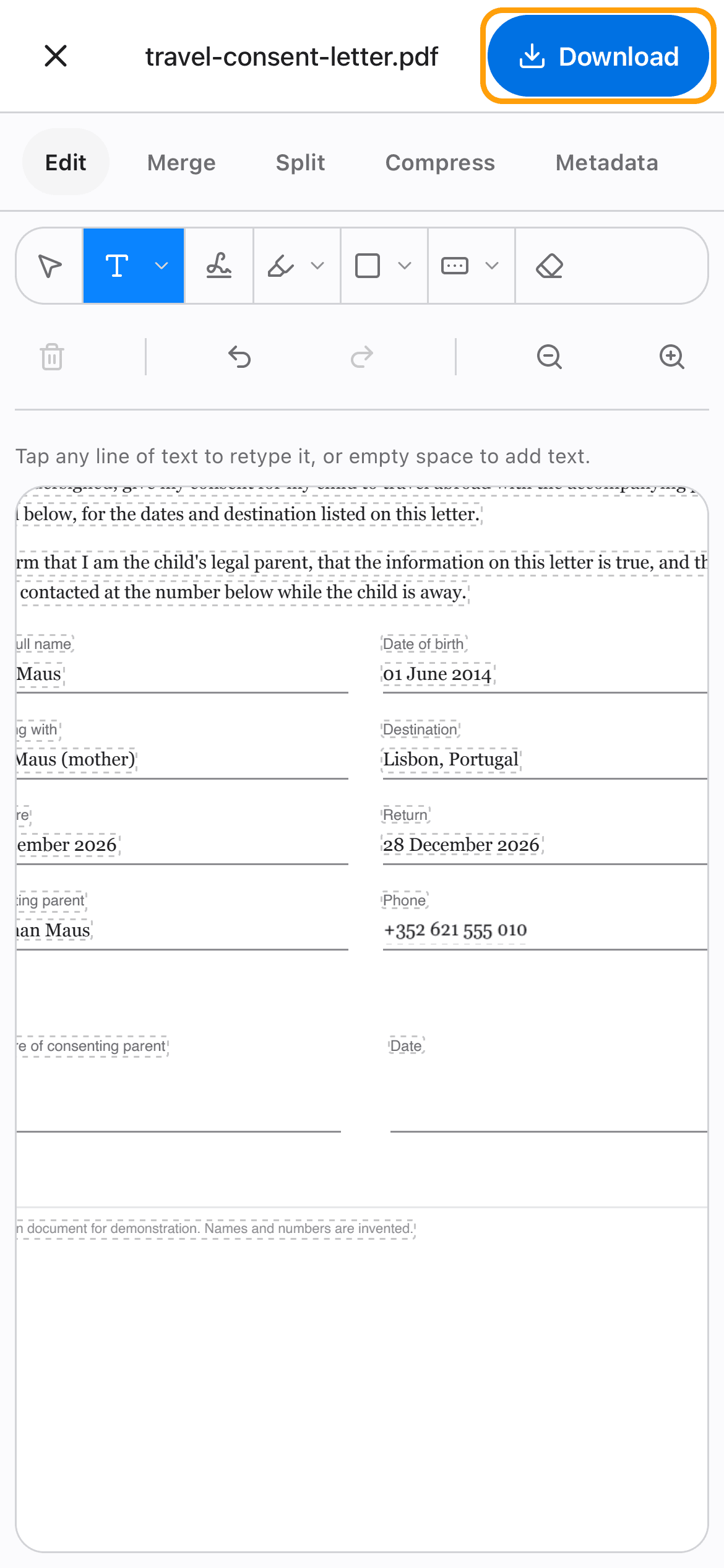 The corrected letter on an iPhone with the Download button highlighted.