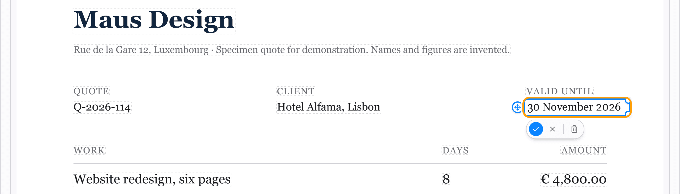 A design quote with its valid-until date being retyped as 30 November 2026, highlighted.