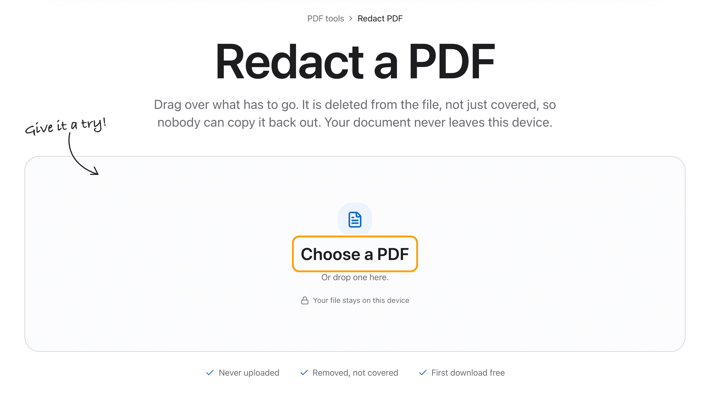 The Redact PDF tool before a file is added, with the Choose a PDF box highlighted.