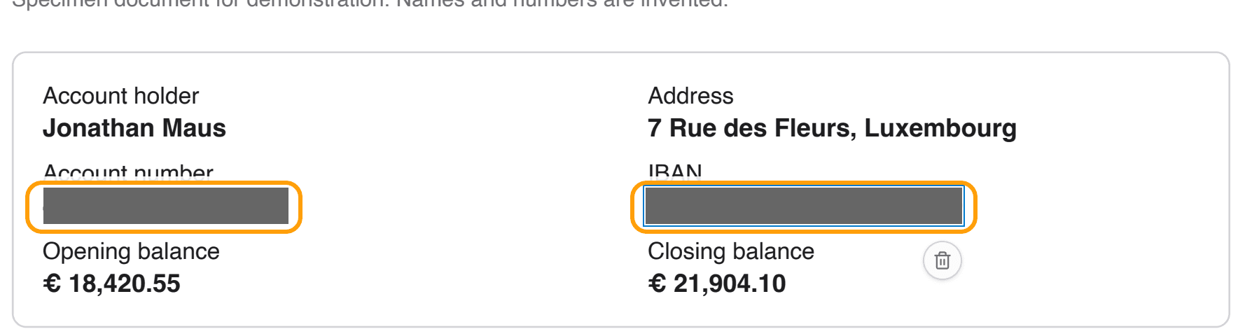 A bank statement with the account number and IBAN covered by redaction bars, highlighted.