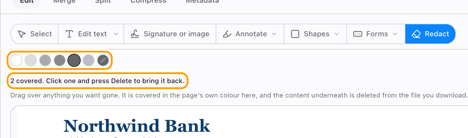 The redaction colour swatches and the count of covered areas, highlighted.