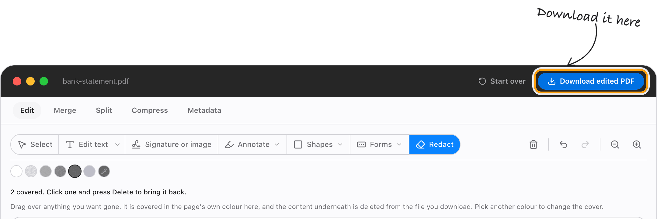 The editor's Download edited PDF button, highlighted.