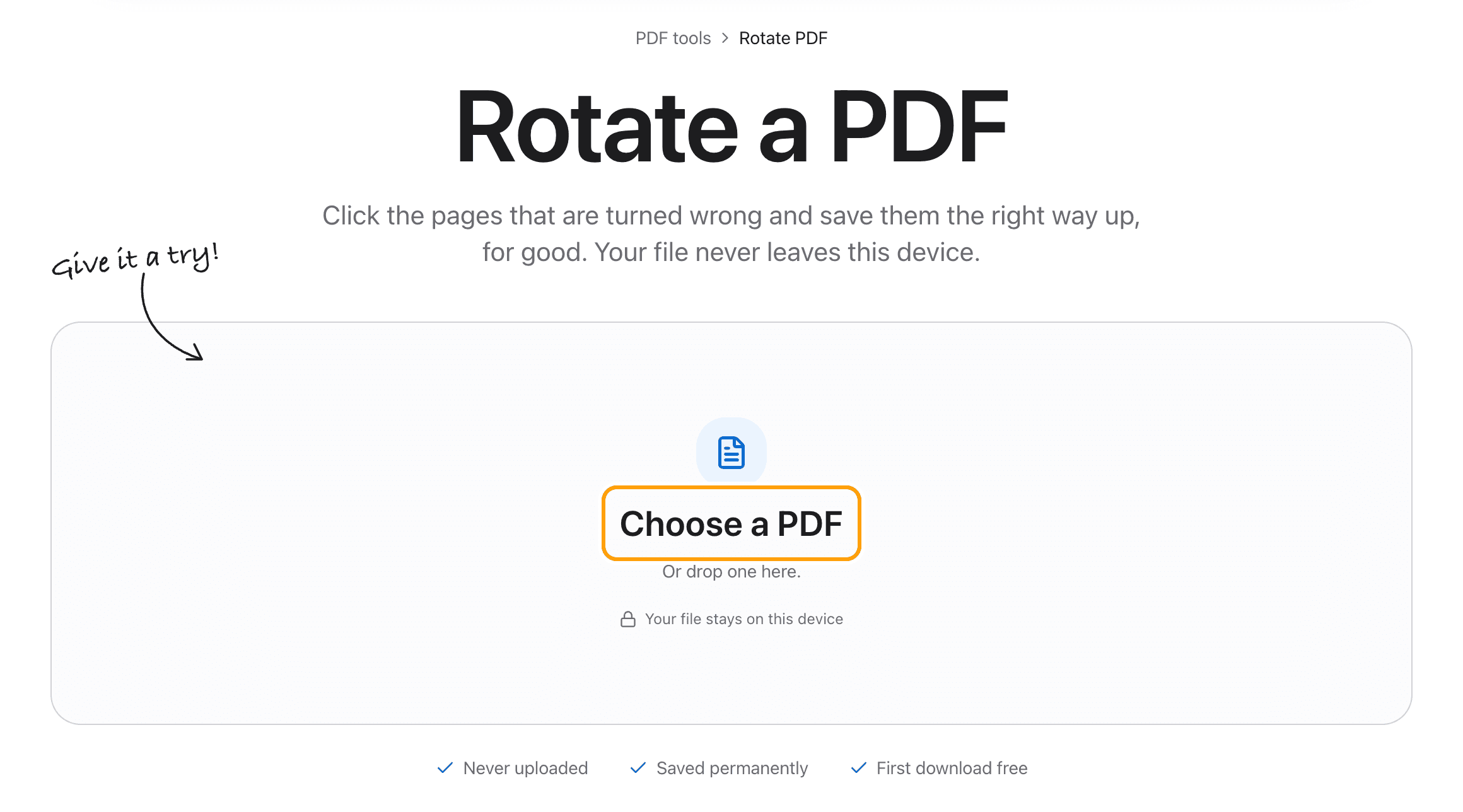 The Rotate PDF tool before a file is added, with the Choose a PDF box highlighted.