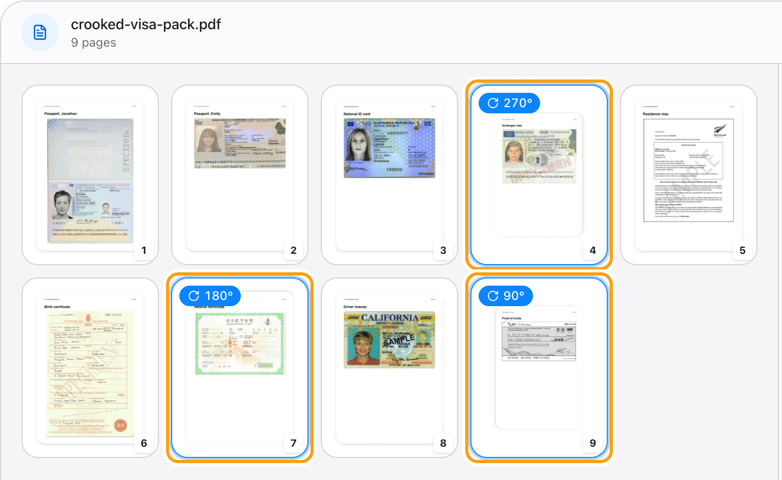 Page thumbnails of a scanned visa pack. Two pages that were sideways and upside down now show turned upright, highlighted.