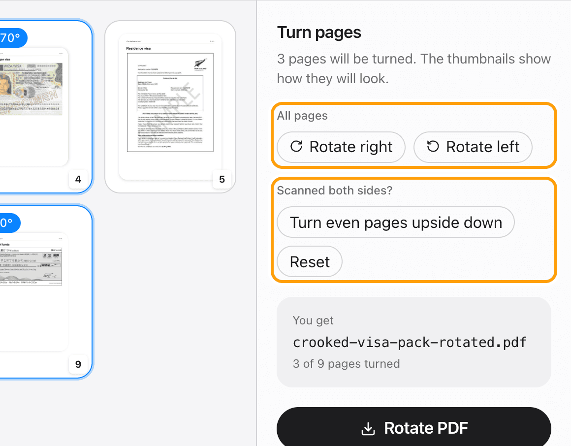 The Turn pages panel with Rotate right, Rotate left and Turn even pages upside down, highlighted.