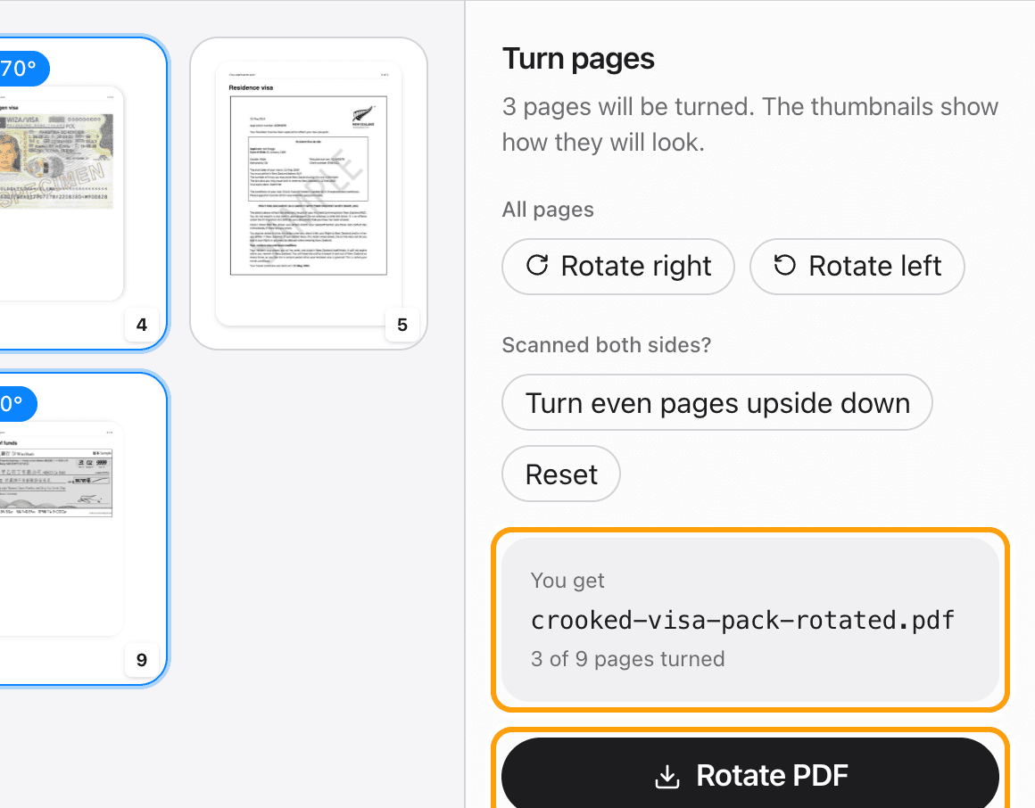 The output file name, the number of pages turned and the Rotate PDF button, highlighted.