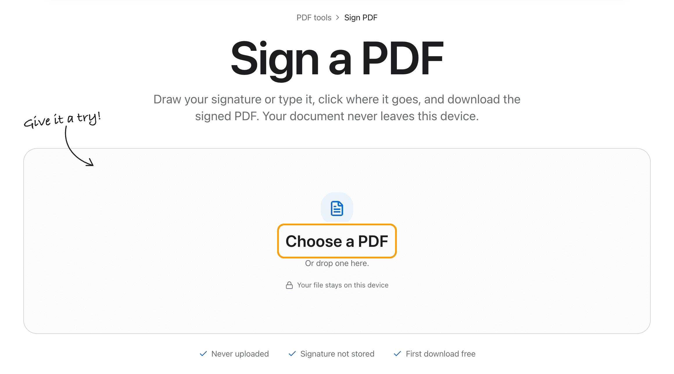 The Sign PDF tool before a file is added, with the Choose a PDF box highlighted.