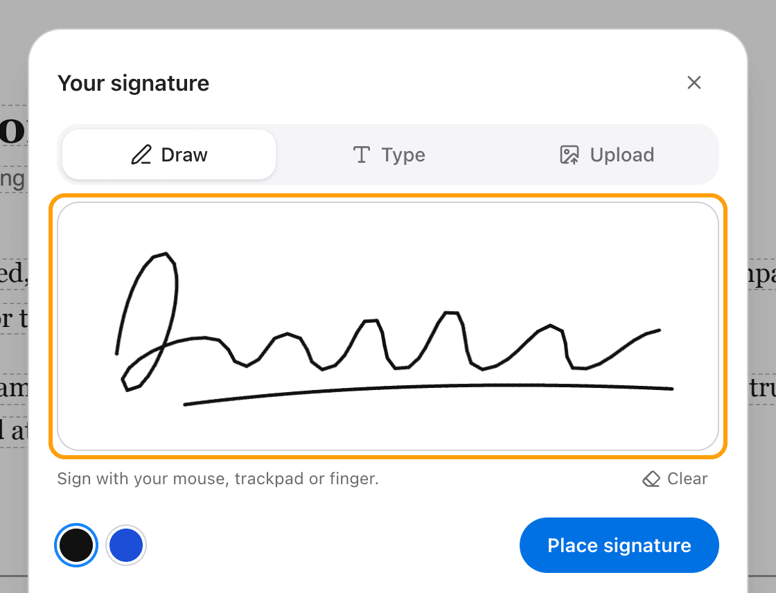 The Your signature panel with a hand-drawn signature on the pad, highlighted.
