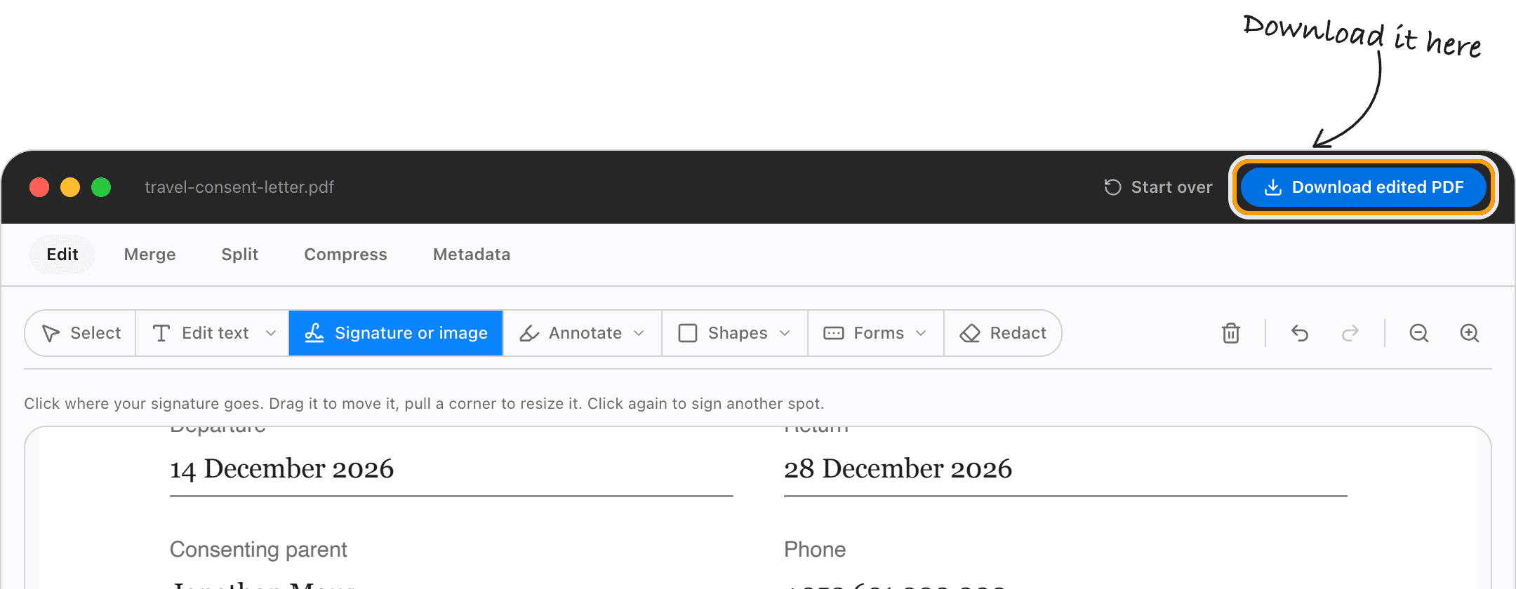 The editor's Download edited PDF button, highlighted, with the signed letter below it.