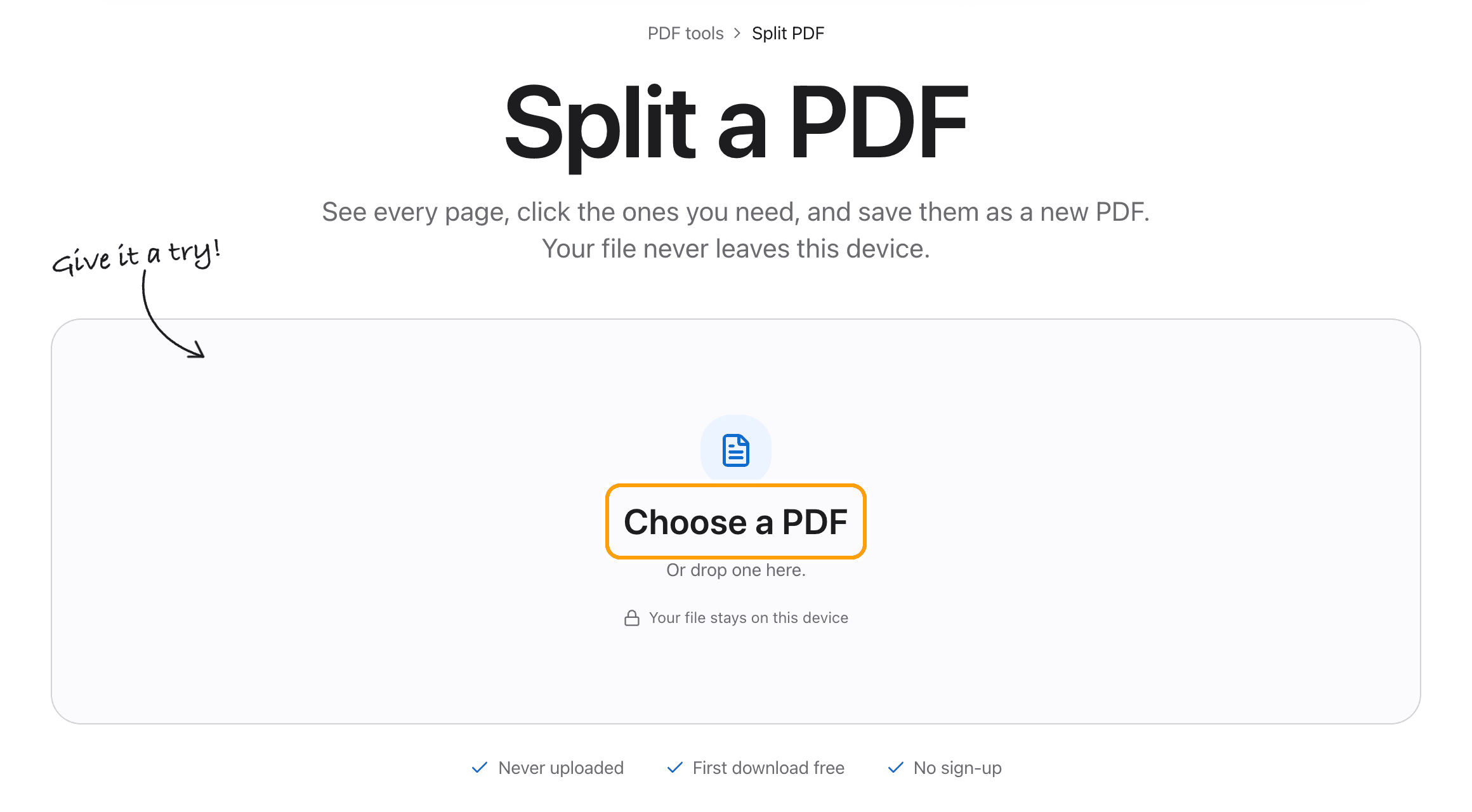 The Split PDF tool before a file is added, with the Choose a PDF box highlighted.