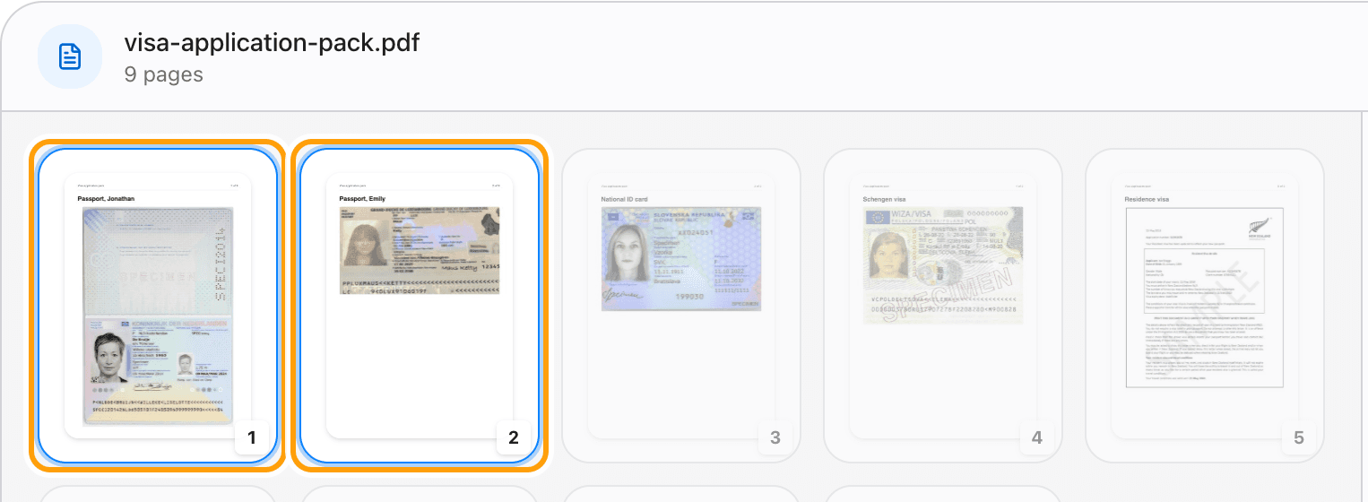 Nine page thumbnails from a visa application pack. Pages 1 and 2, the two passports, are selected and highlighted.