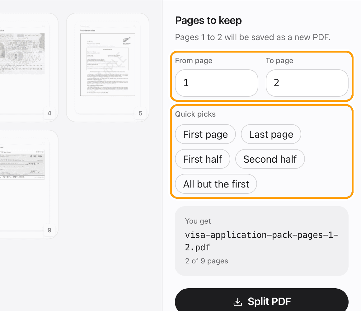 The Pages to keep panel with From page and To page fields and the quick picks highlighted.