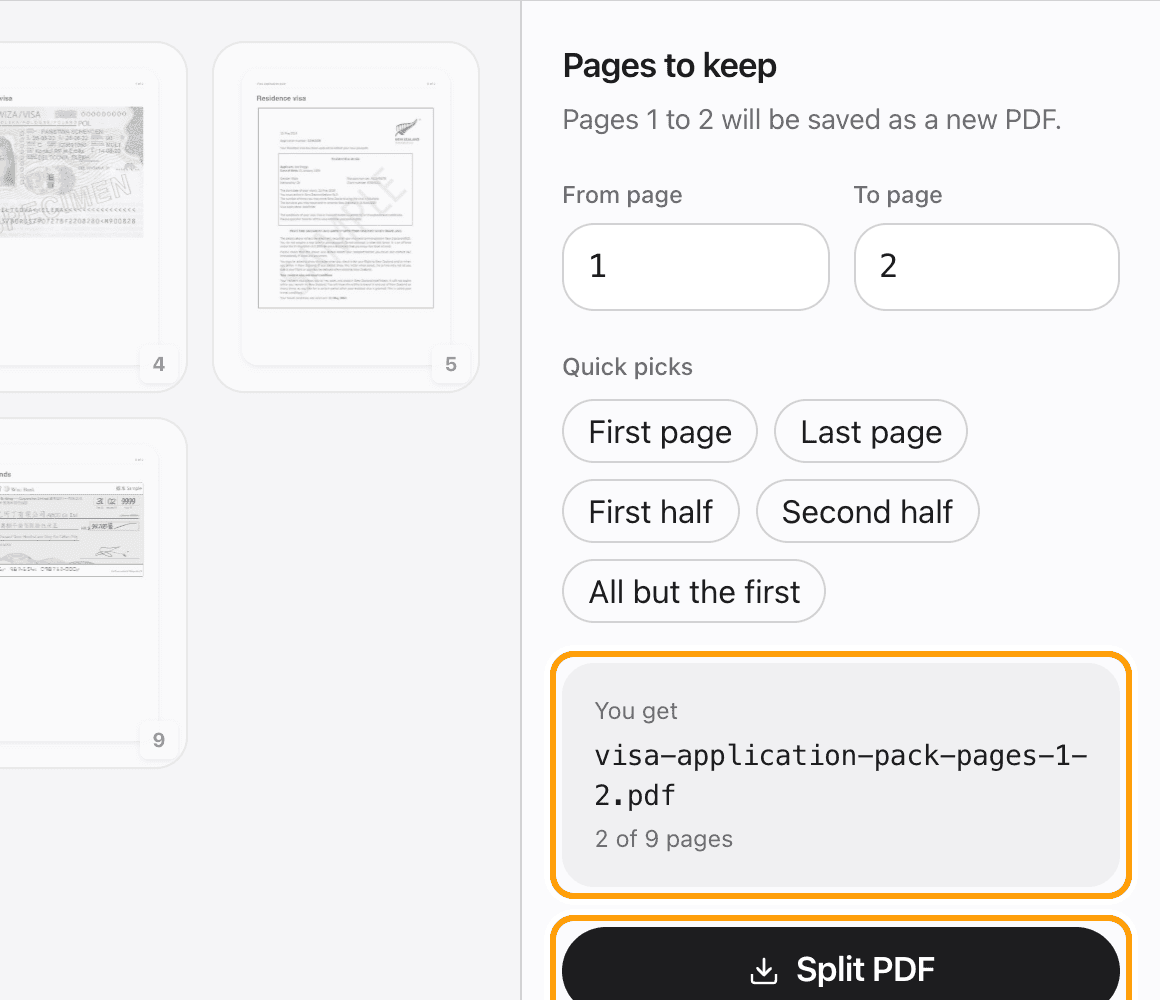The output name visa-application-pack-pages-1-2.pdf and the Split PDF button, highlighted.