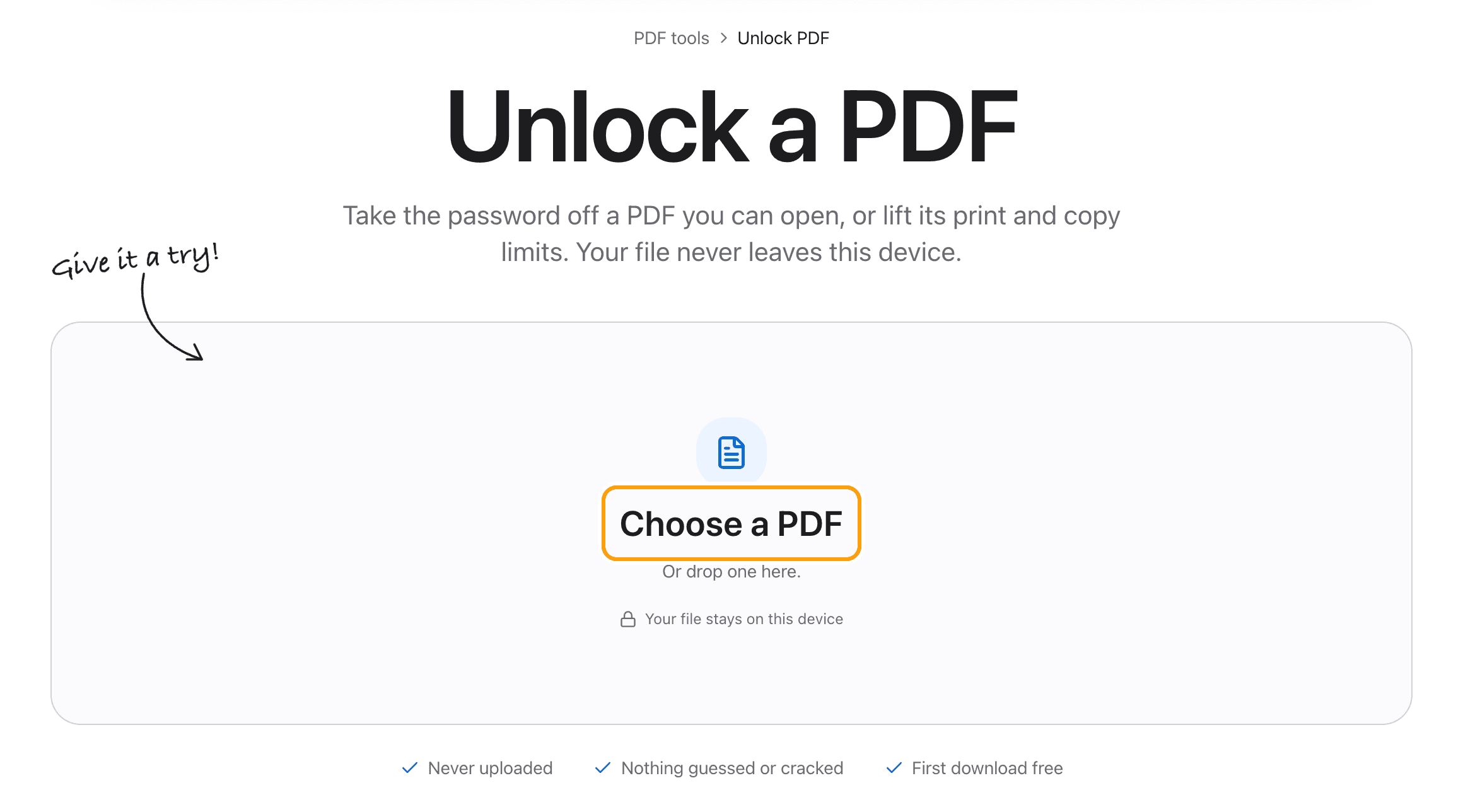 The Unlock PDF tool before a file is added, with the Choose a PDF box highlighted.