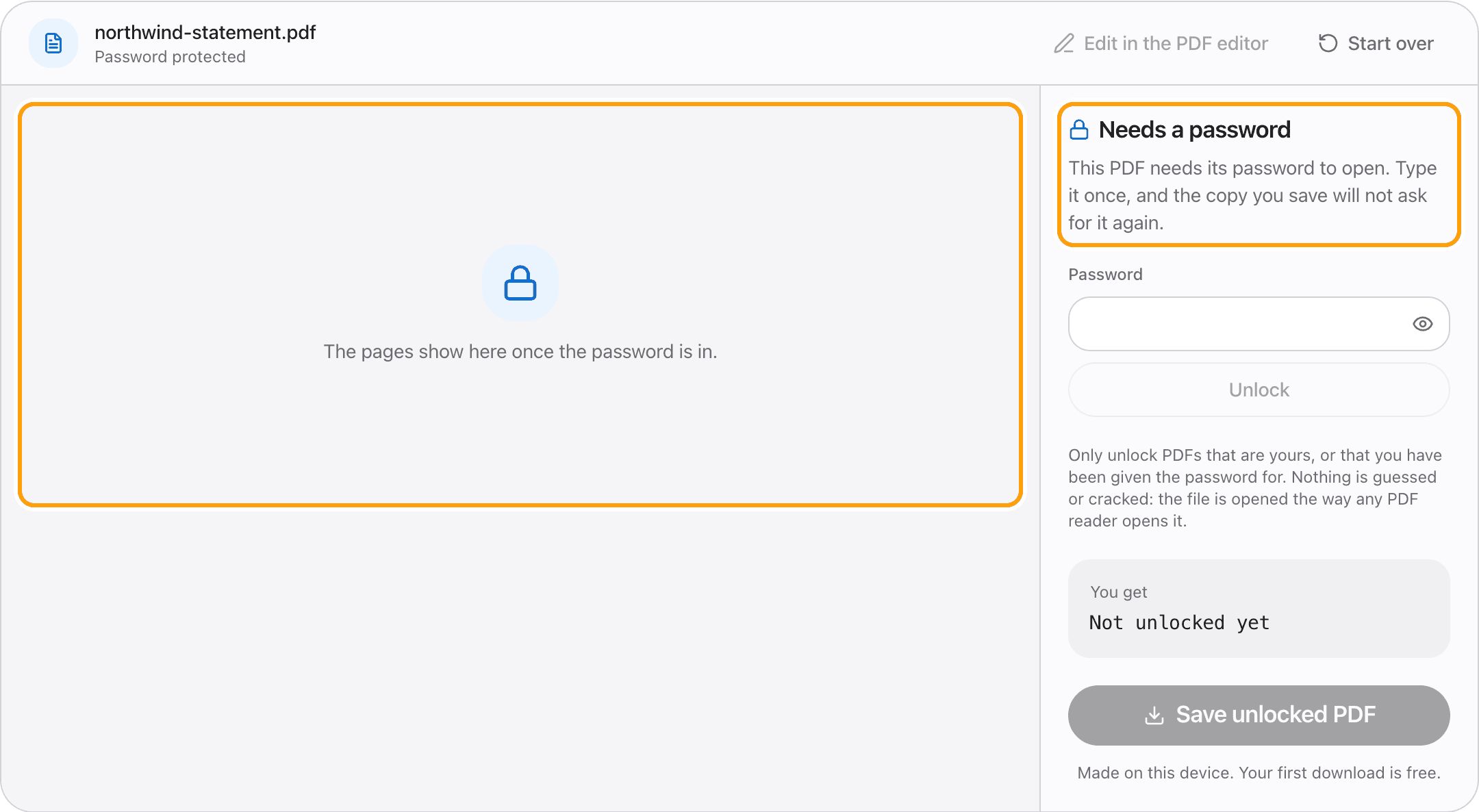 A locked bank statement, with the panel saying it needs its password to open, highlighted.