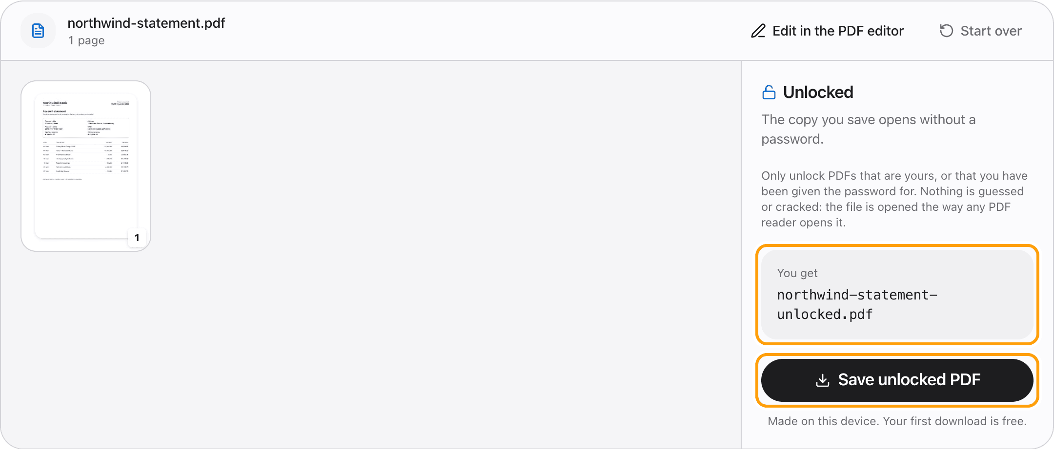 The output file name and the Save unlocked PDF button, highlighted.